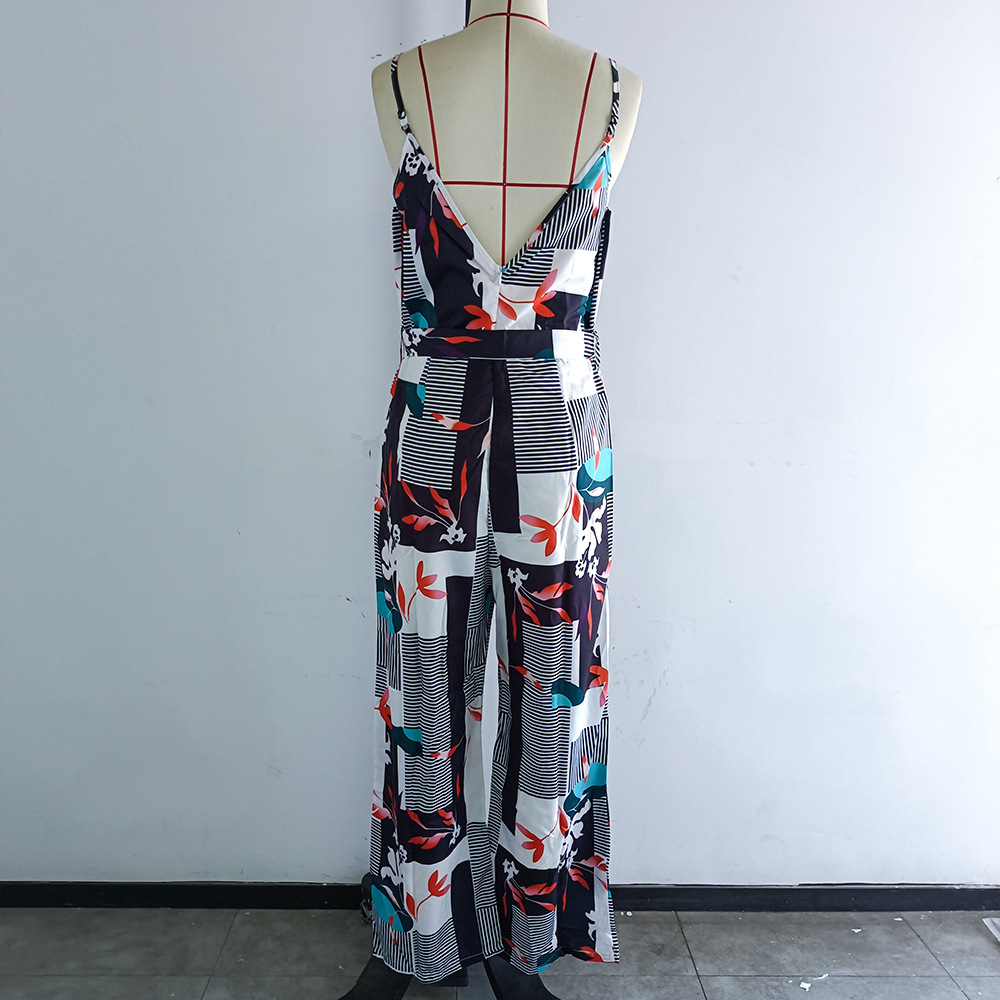 Jumpsuit Women Spring Summer Print Sexy Backless Deep V Plunge Neck Strap Lace Up Jumpsuit