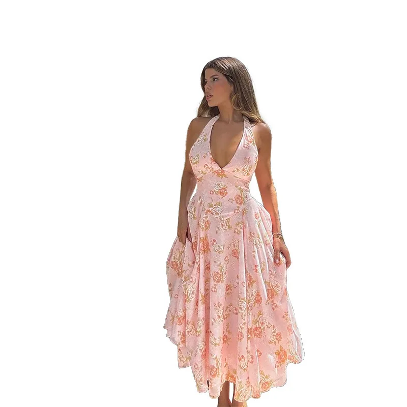 Sexy Print Deep V-neck Sleeveless Backless Neck-mounted Dress Women Slim High Waist Birthday Party Dress Femme Outfits