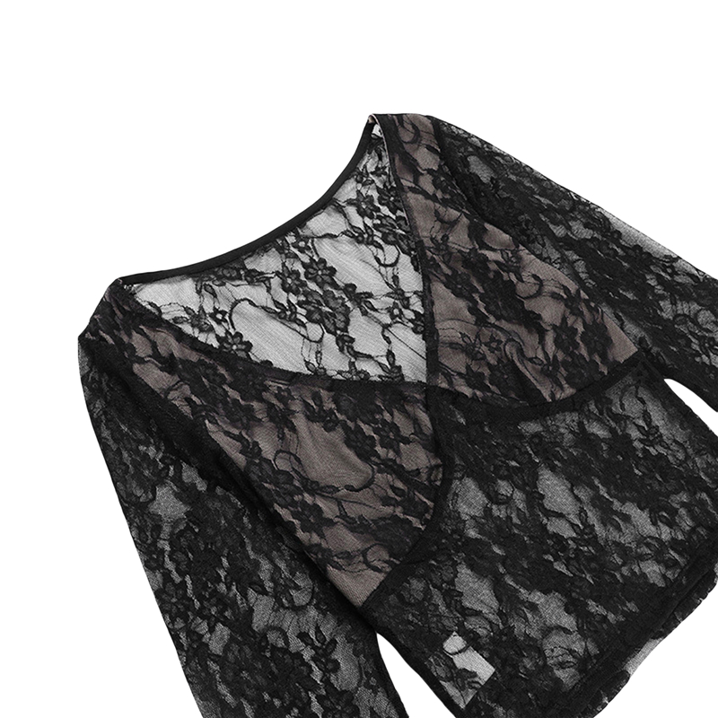 Cyber y2k Tops Women Aesthetic See Through Floral Lace Flared Long Sleeve T Shirt 2000s Goth Grunge Clothing Streetwear