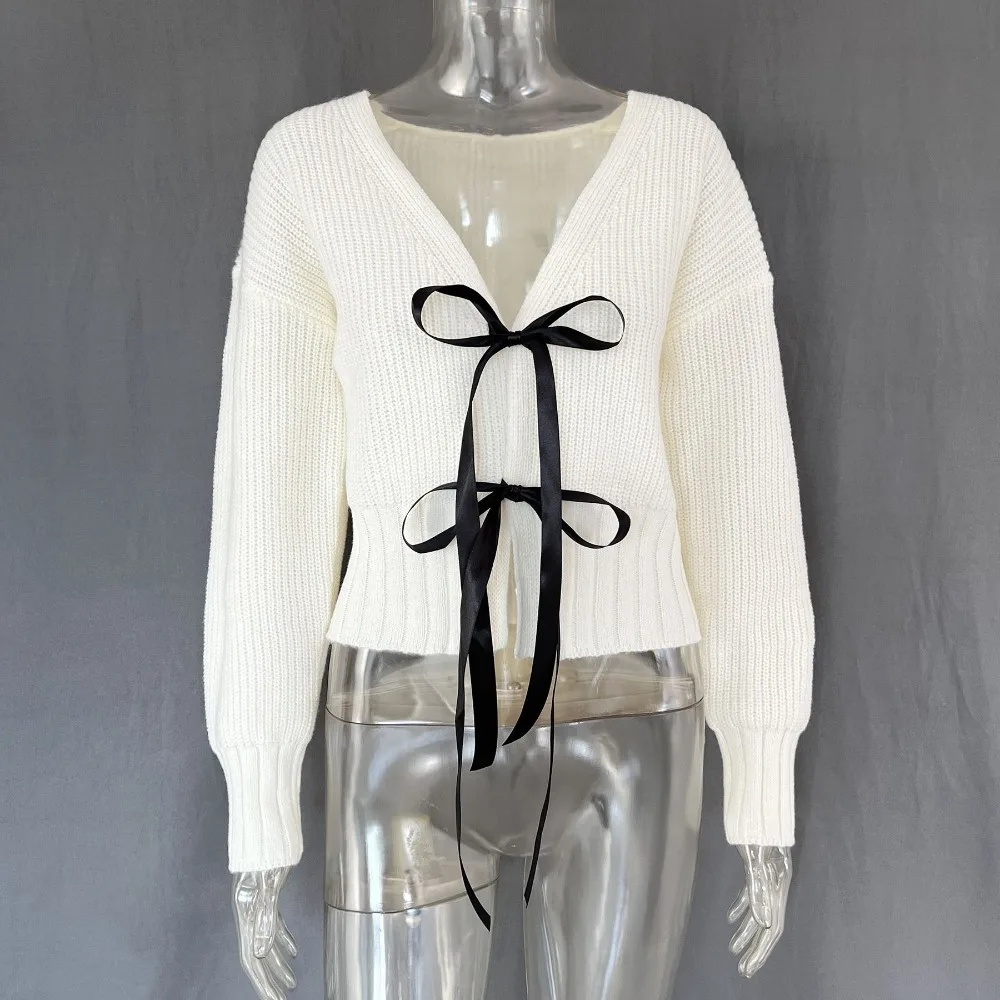 Autumn Knit Sweater Cardigan For Women Tee Bow Fashion Hollow Out Ribbed Patchwork Lace-Up Top Female Knitwear Cardigan