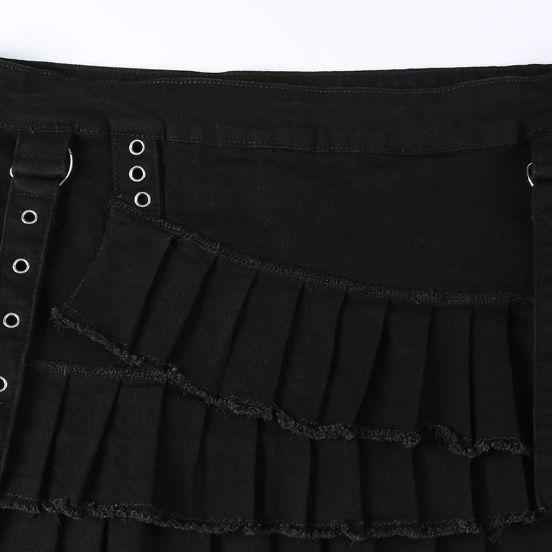 Punk Gothic Black Eyelet Ribbon Denim Skirt Women Low Waist Asymmetrical Tiered Pleated Short Jean Skirts Y2K