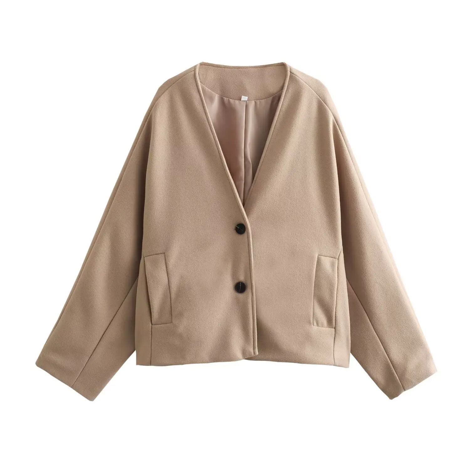 Female Autumn Commute Outwear Pocket Fashion V-Neck Long Sleeve Patchwork Streetwear Solid Cropped Coat Ladies Jacket New