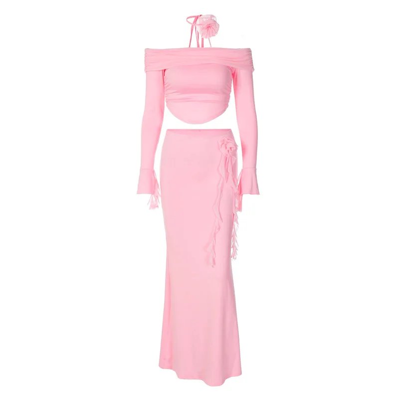 Winter New Sexy Long Sleeved Half Skirt Set For Woman 3D Flower Slim Tight Long Skirt Party Evening Dress Two Piece Set