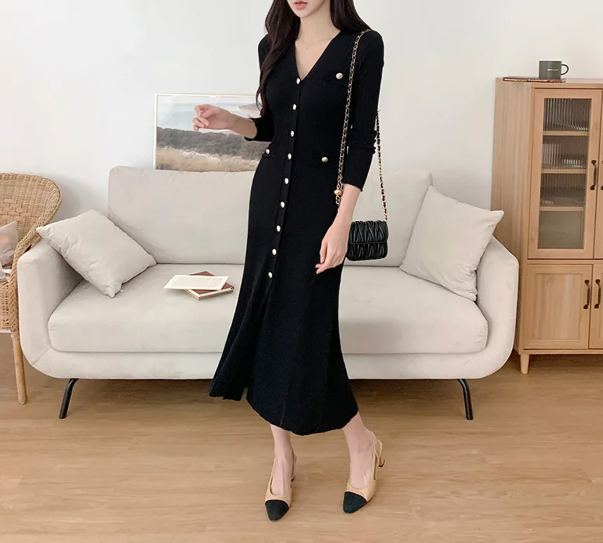 Korean Chic Knitted Dresses for Women V-neck Long Sleeve Slim Bodycon Ruffles Party Dress Casual Autumn Winter New Vestidos