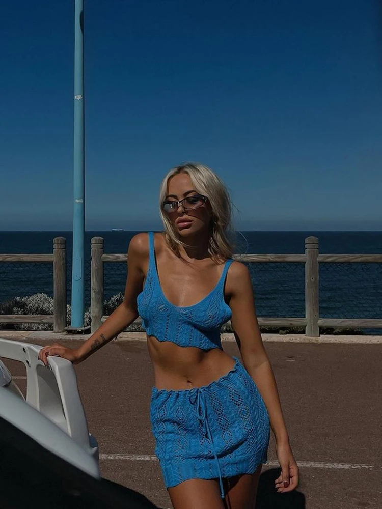 Knit Crochet Two-piece Beach Wear Dress Sets For Women Summer Party Tank Top And Skirt Outfits Swimsuit Dresses 2025