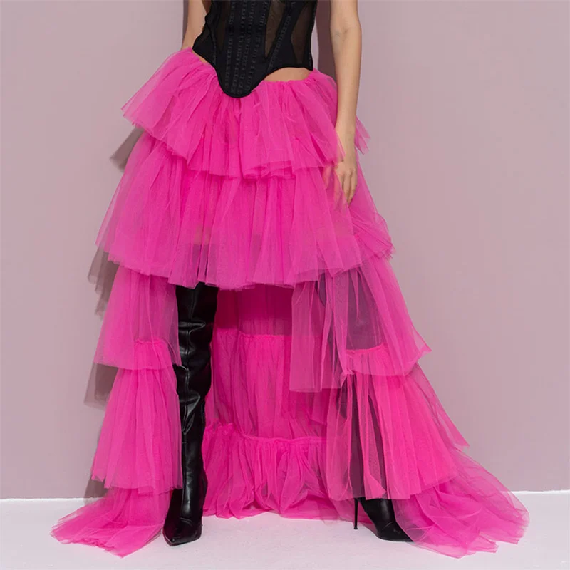Tulle Skirts Women y2k Solid Color Elastic High Waist Asymmetrical Hem Long Skirts Summer Evening Party Skirt Clubwear