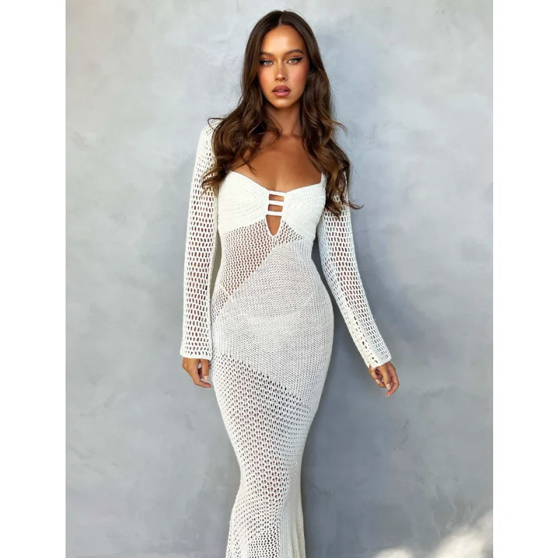 Hollow Out Knit See-Through Maxi Dress Female Patchwork Backless Lace-Up Slim Fashion Beach Holiday Knitwear Women Dress