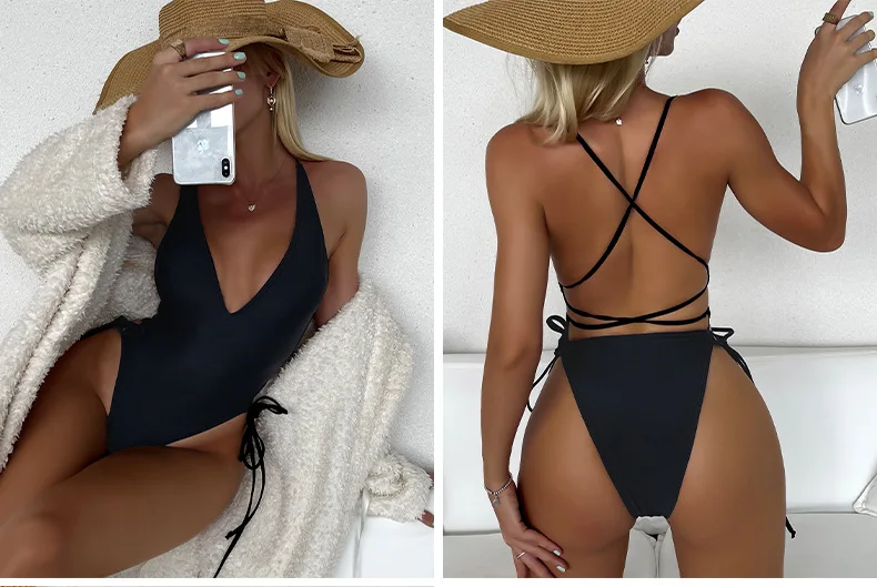 Solid V-neck One Piece Swimsuit for Women Sexy Cross Bandage Swimwear Backless Bathing Suit New Monokini