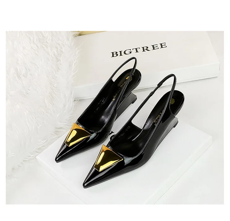Patent Leather High Heels Wedges Shoes Lady Trendy Pumps Pointed Toe Hollow Back Strap 6.5 Cm Women Sandals White Heels Shoes