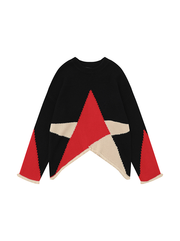 Contrast Star Jacquard Irregular Hem Sweater