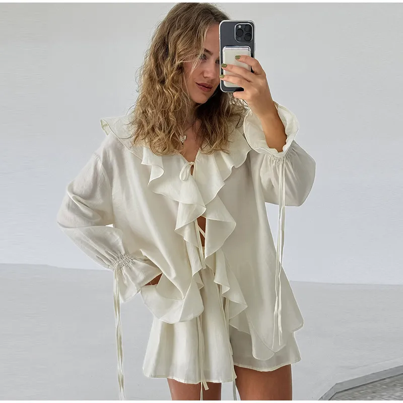 Loose Ruffles Shorts Set For Women 2 Pieces V Neck Hollow Out Shirts Wide Leg Short Pants 2025 Spring Summer Lady White Suit