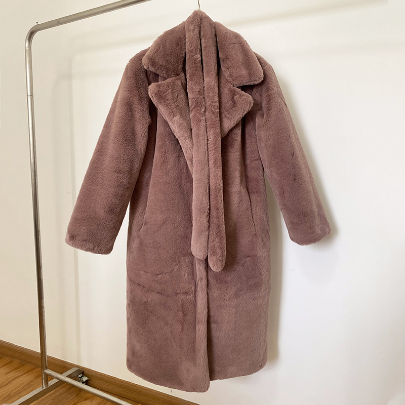 Luxury Winter Long Overcoats Women Oversized Lapel Belted Faux Rabbit Fur Coat Jacket Female Plus Size Outerwear Plush Fur Coats