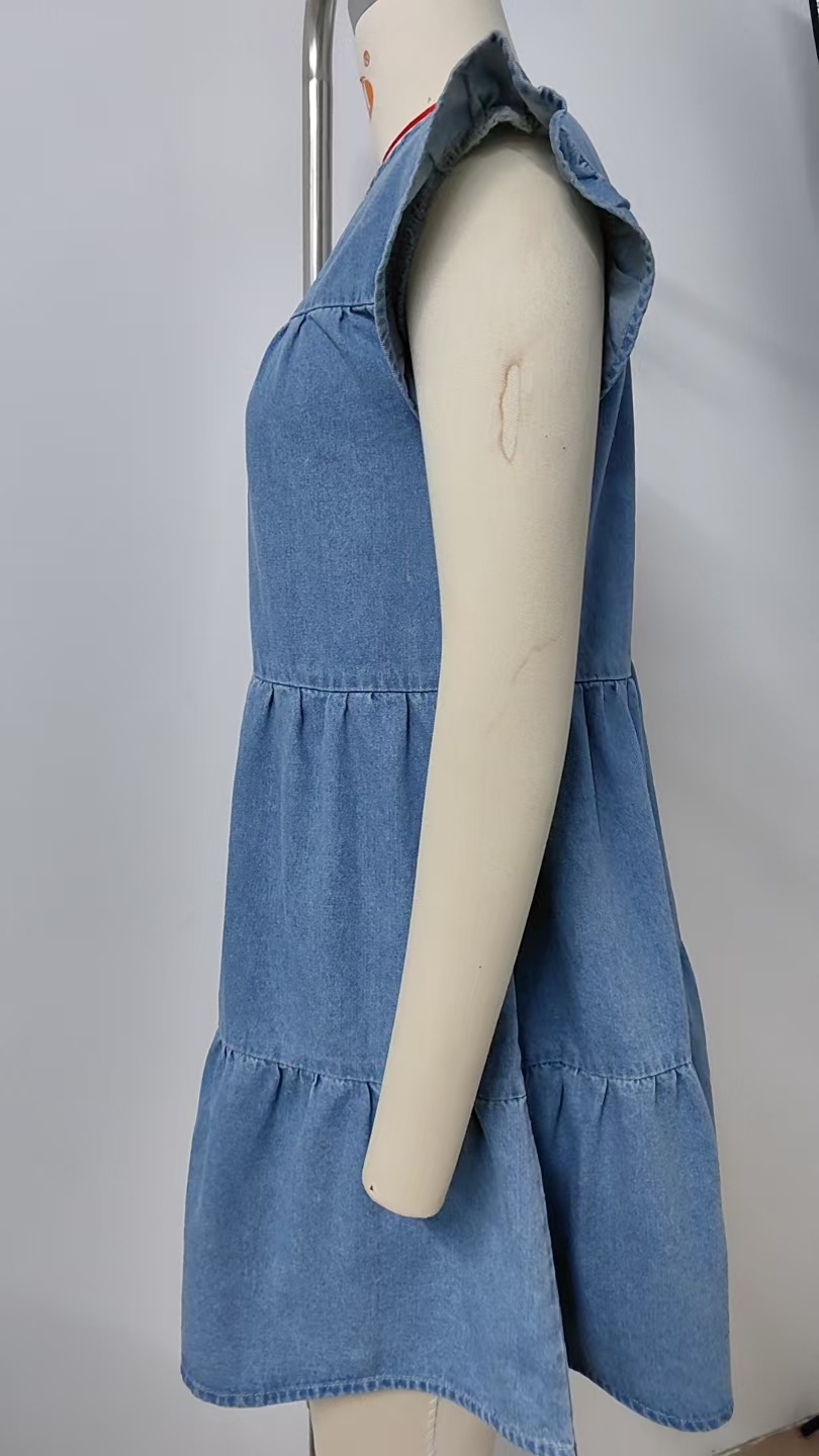 Women Clothing Summer Solid Color Pullover round Neck Denim Dress Loose Casual Dress