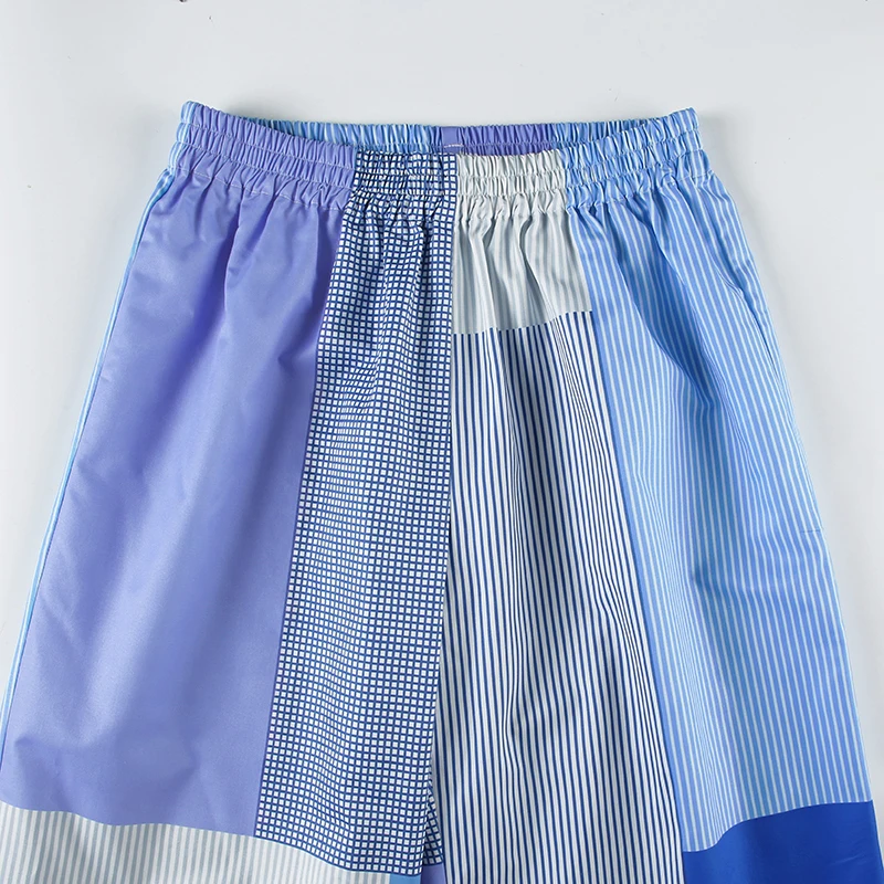 Grunge Aesthic Color Block Blue Stripe Baggy Trousers For Women Elastic Waist Loose Casual Woven Pants Lazy Homewear