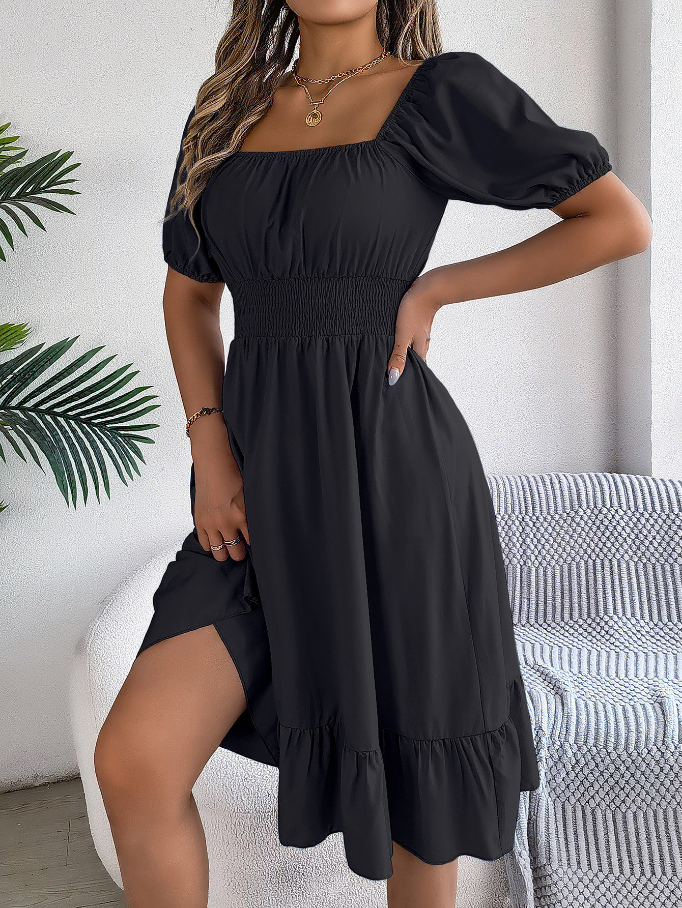 Spring Summer Casual Square Collar Short Sleeve Waist Trimming Ruffles A line Dress Women Clothing