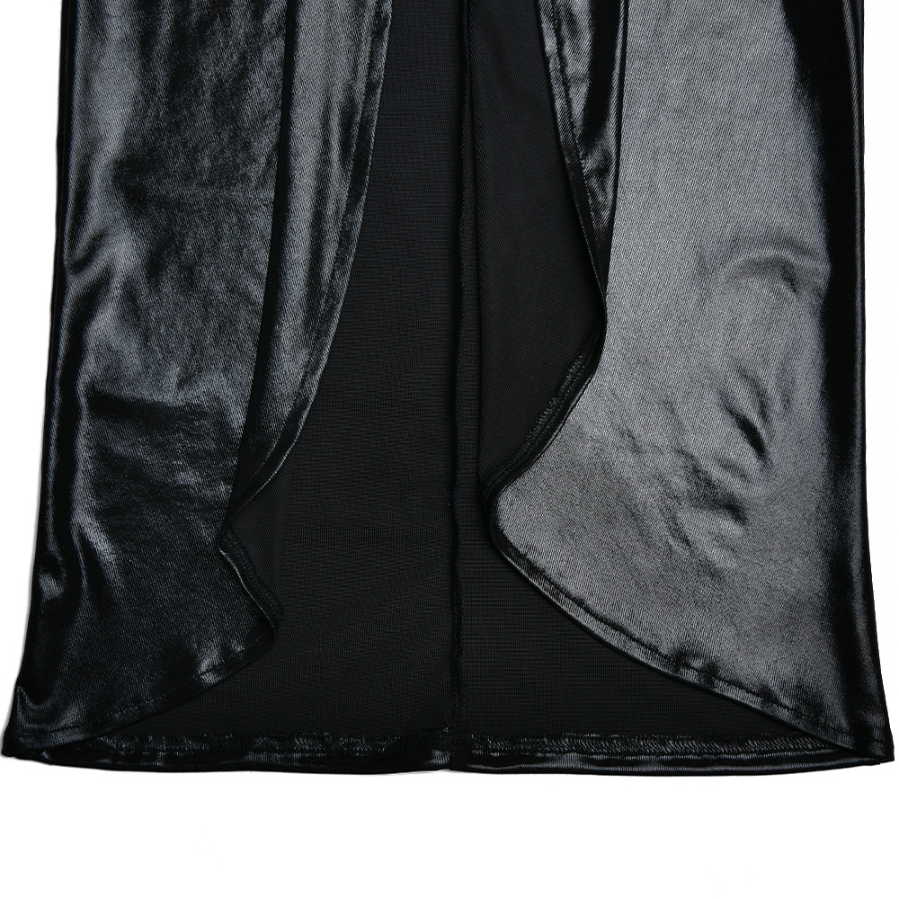 Metallic Coated Fabric Dress Sexy Glossy V neck Long Sleeve Stitching Ruffle Hip Leather Dress