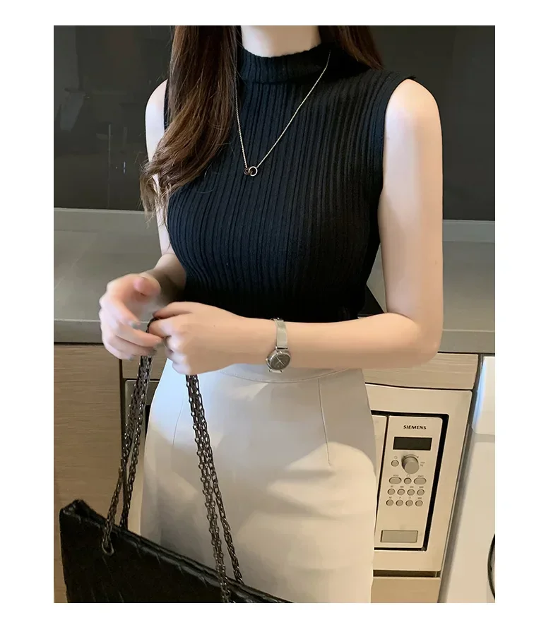 Women Knitted Slim Tank Top Solid Sleeveless Sexy O-Neck Crop Top Casual T-shirt Cotton Off Shoulder Crop Tank Top Summer