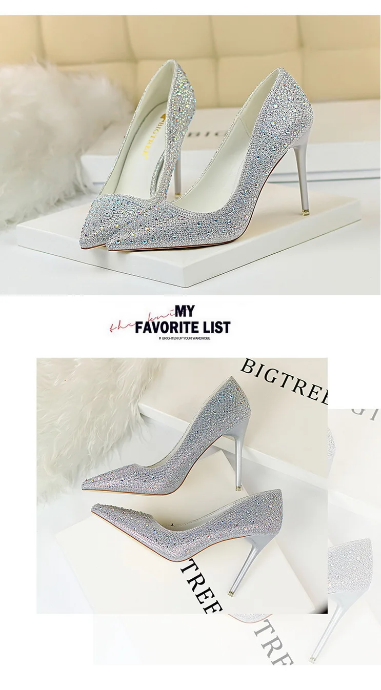 Shoes Rhinestone Woman Pumps Fashion Wedding Shoes Women Basic Pump Stiletto Heels 10cm 7cm Heeled Shoes High Heels