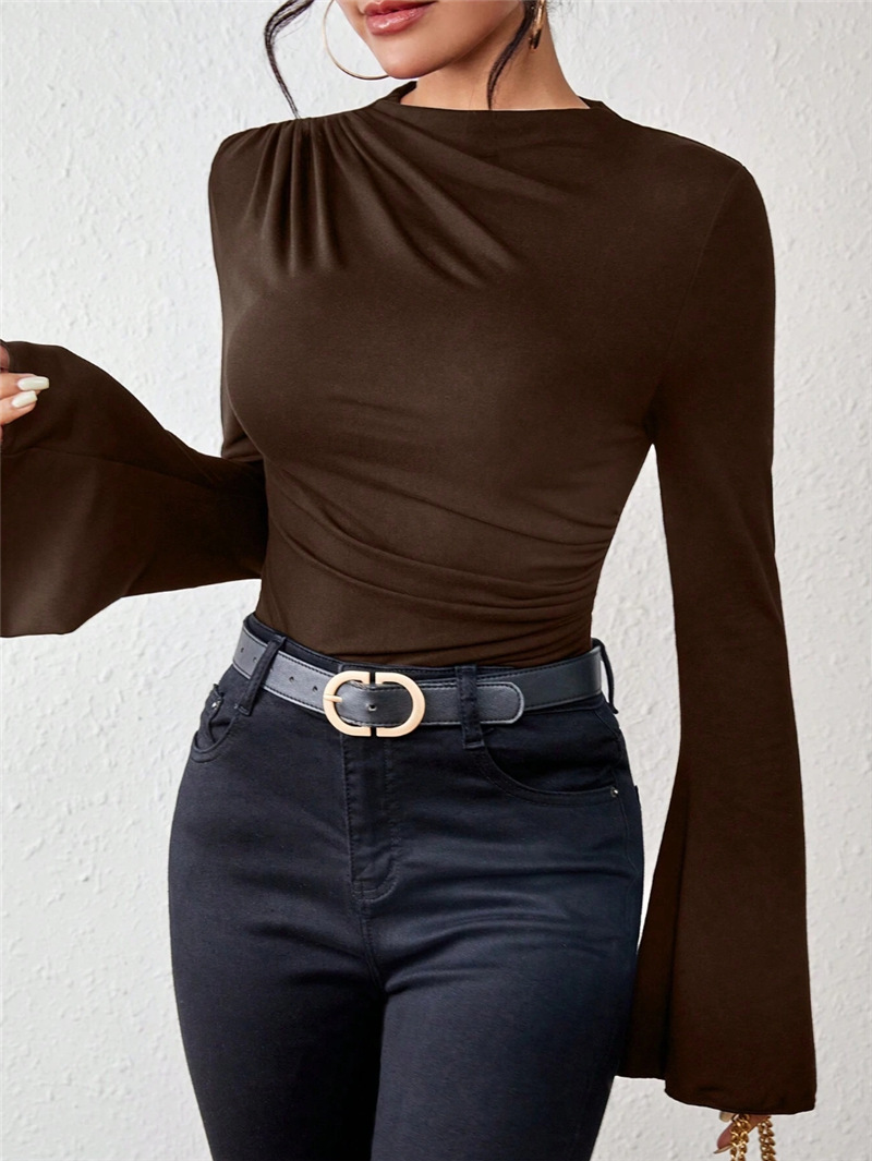 Autumn Winter Pleating Bell Sleeve Stand up Collar Slim Fit T shirt