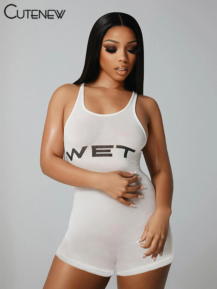 Letter Print Playsuits Women Concise Casual Summer Tank Style O-neck Slim Rompers Female Sporty Style Basic One Piece
