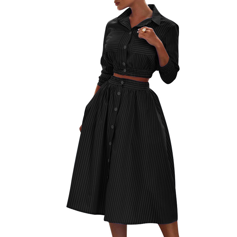 Autumn Winter New Stylish Long Sleeves Striped Shirt Outfit Skirt Two Piece Set