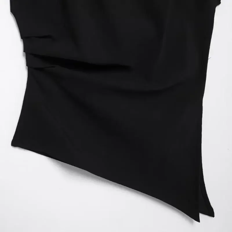 Casual Pleated Sleeveless Vest Women Irregular O-neck Split Shoulder Pad Solid Tank Top Fashion High Street Lady Slim Shirt New