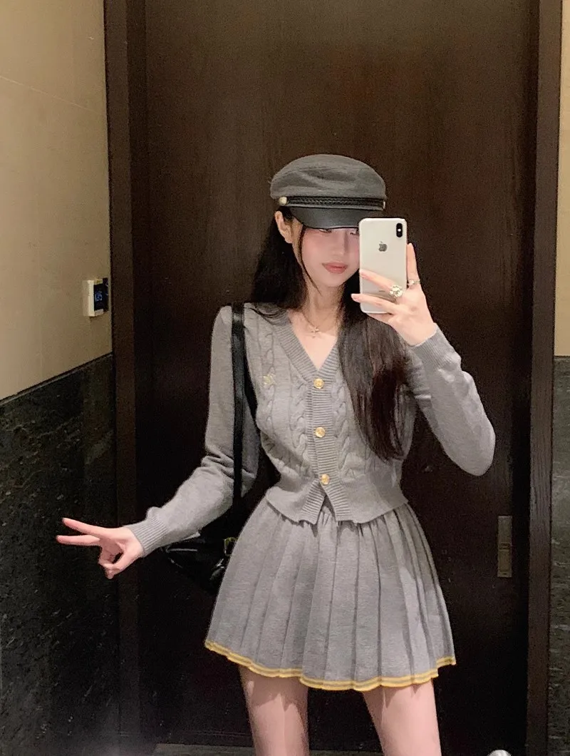 Autumn Knitted Two Piece Skirt Set Women Long Sleeve Single Breasted V-neck Top Mini Pleated Skirt Korean Chic Female Outfit New