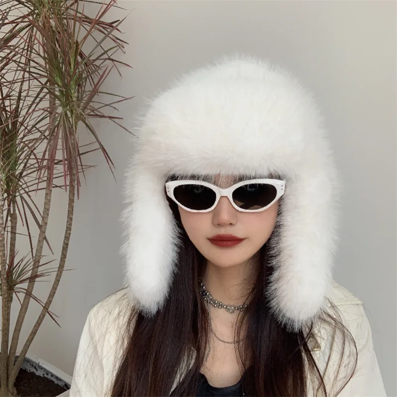 Winter Women Fluffy Furry Faux Fox Fur Bomber Hats Flaps Luxury Vintage Y2k Girls Warm Earflap Snow Ski Hat Caps Russian