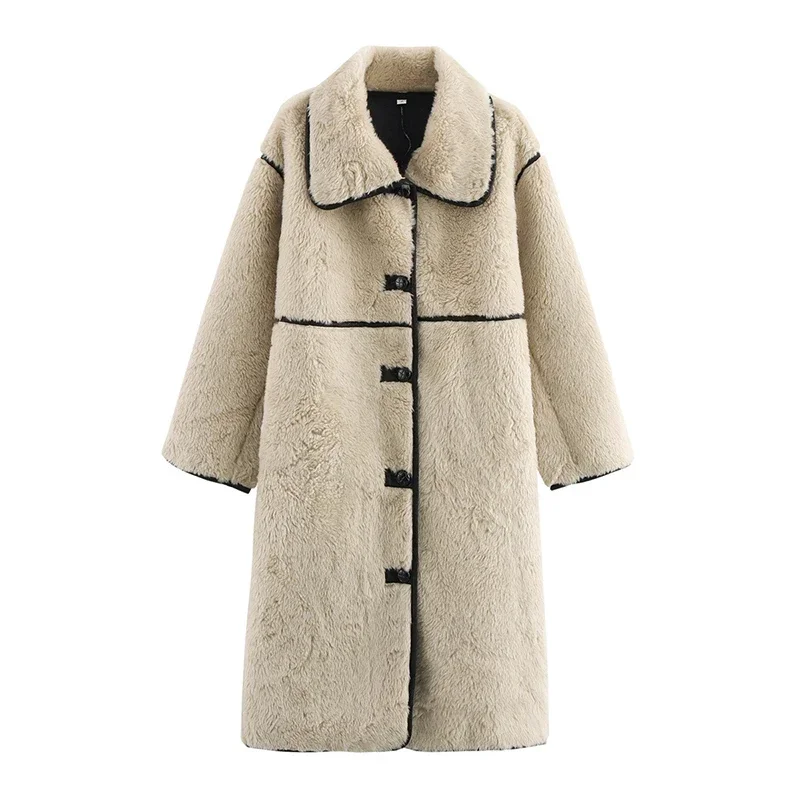 Fashion Beige Faux Fur Long Coat Women Winter Buttons Lapel Long Sleeve Lamb Fleece Jacket 2025 New Lady Loose Street Outerwear