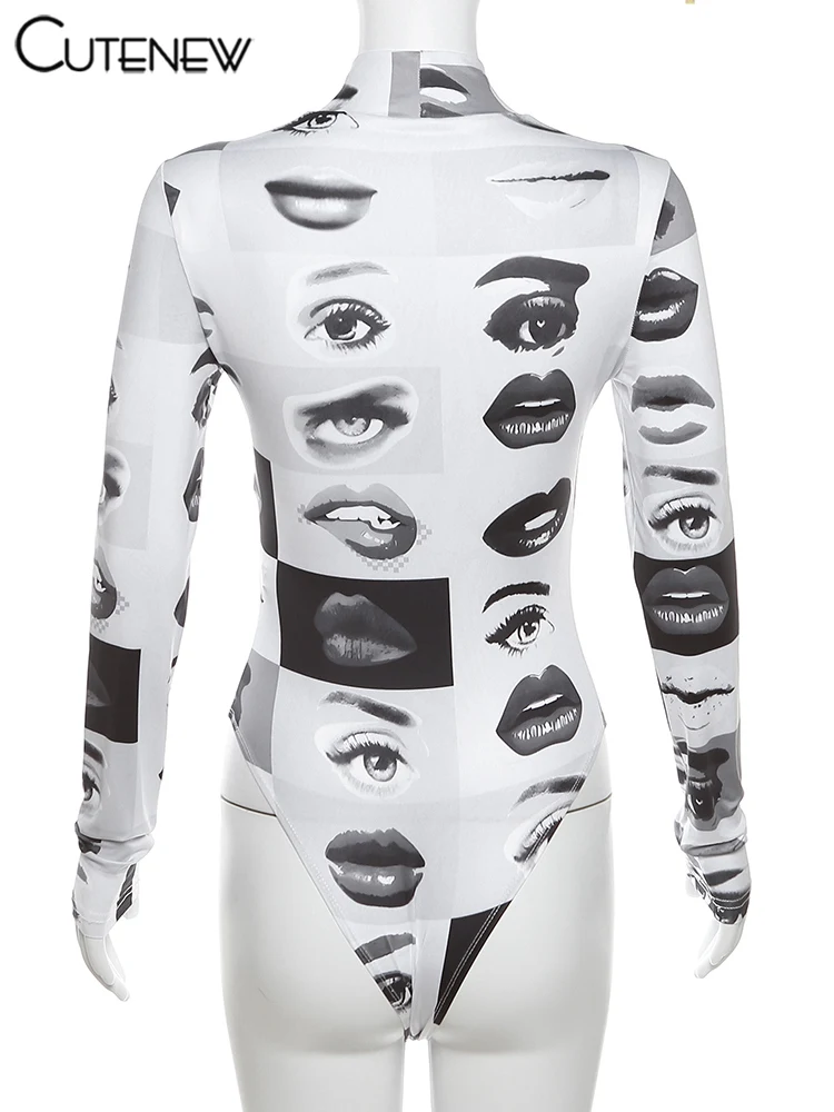 Women's Patchwork Turtleneck Printed Long Sleeve Bodysuit New Fashion Solid Tops Club Partywear Autumn Streetwear