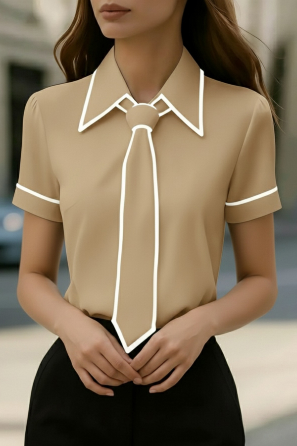 Stylish Color-blocked Trim Collared Short-sleeved Casual Shirt