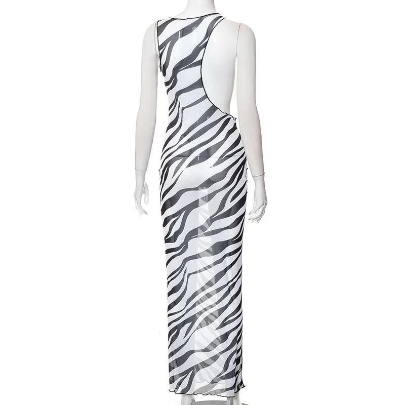 Bodycon Long Dresses For Women Beach Style Backless Vestidos De Mujer Hollow Out Sexy Robe Femme _t�� Y2k Clothes Zebra Print