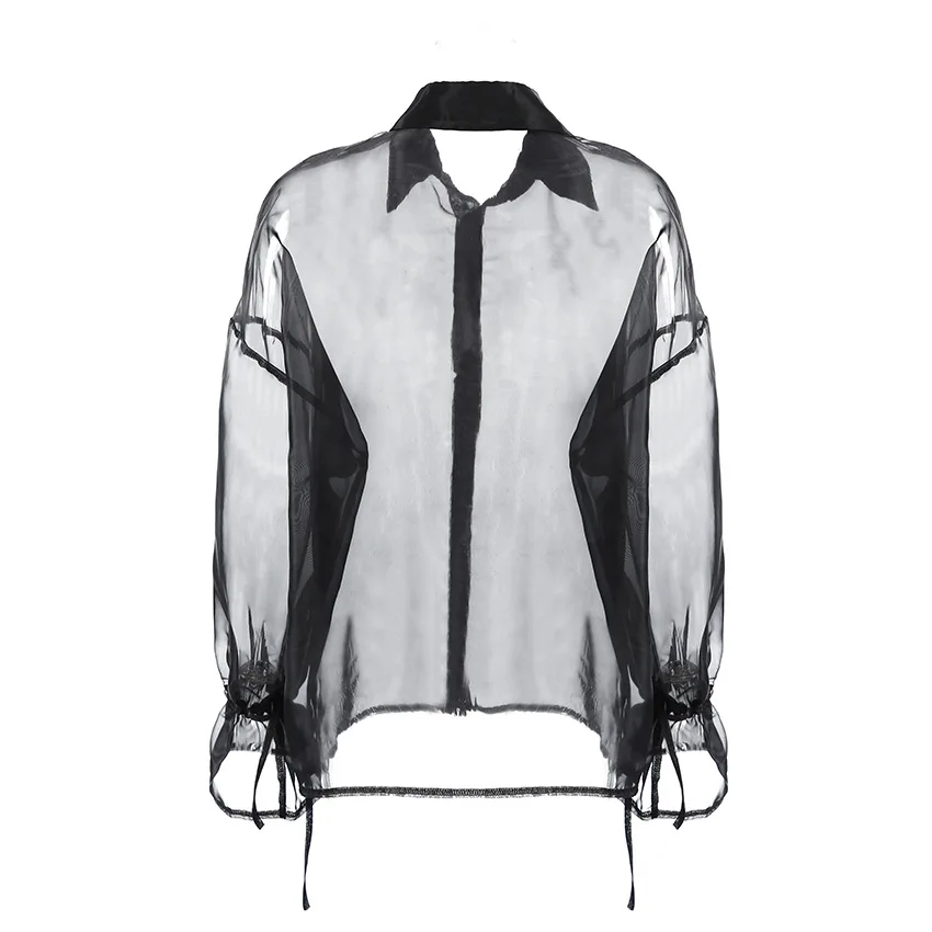 Mesh See-through Lace-Up Shirt Women's Sexy Long Sleeve Tops Fashion Solid Color Casual Streetwear Women's Shirt Tops