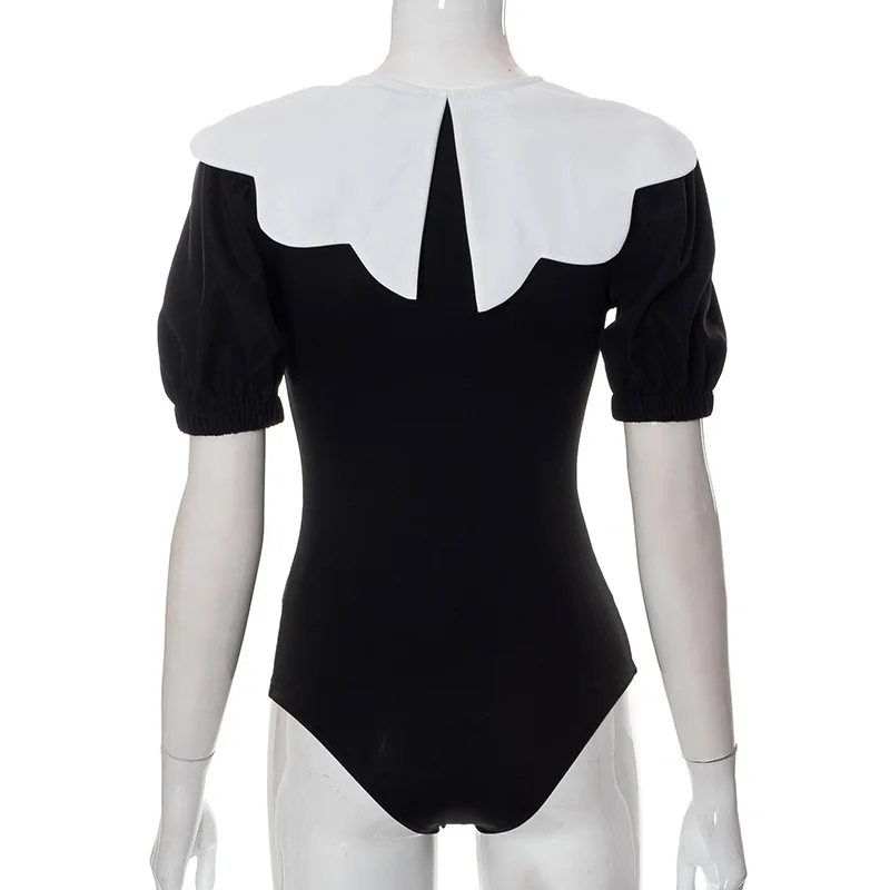 One Piece Outfit with Ruffle Collar for Women, Sexy Bodysuit, Short Sleeve, Color Blocking Lingerie, Elegant Summer Clothes