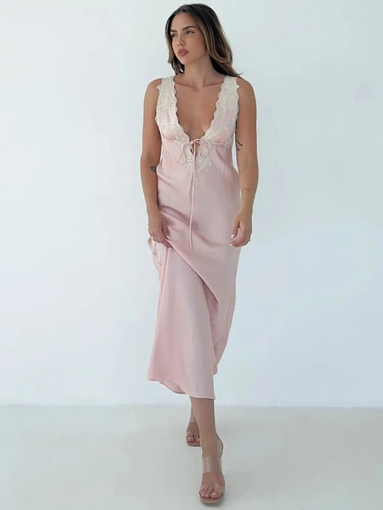 Sexy Lace Camisole Open Back Dress For Women Satin Lace Up Bodycon Long Dress Female Elegant Party Club Evening Dress