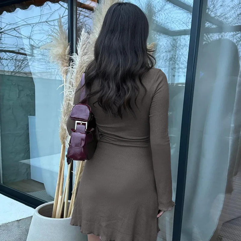 O Neck Long Sleeve Rib Solid Mini Dresses Y2K Streetwear Wholesale Elegant Outfit Ladies Summer Casual Women Clothes