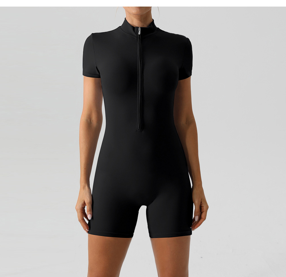 Spring Summer Zipper Short Sleeve Yoga Jumpsuit Women Running Fitness Tight Sports One Piece Jumpsuit