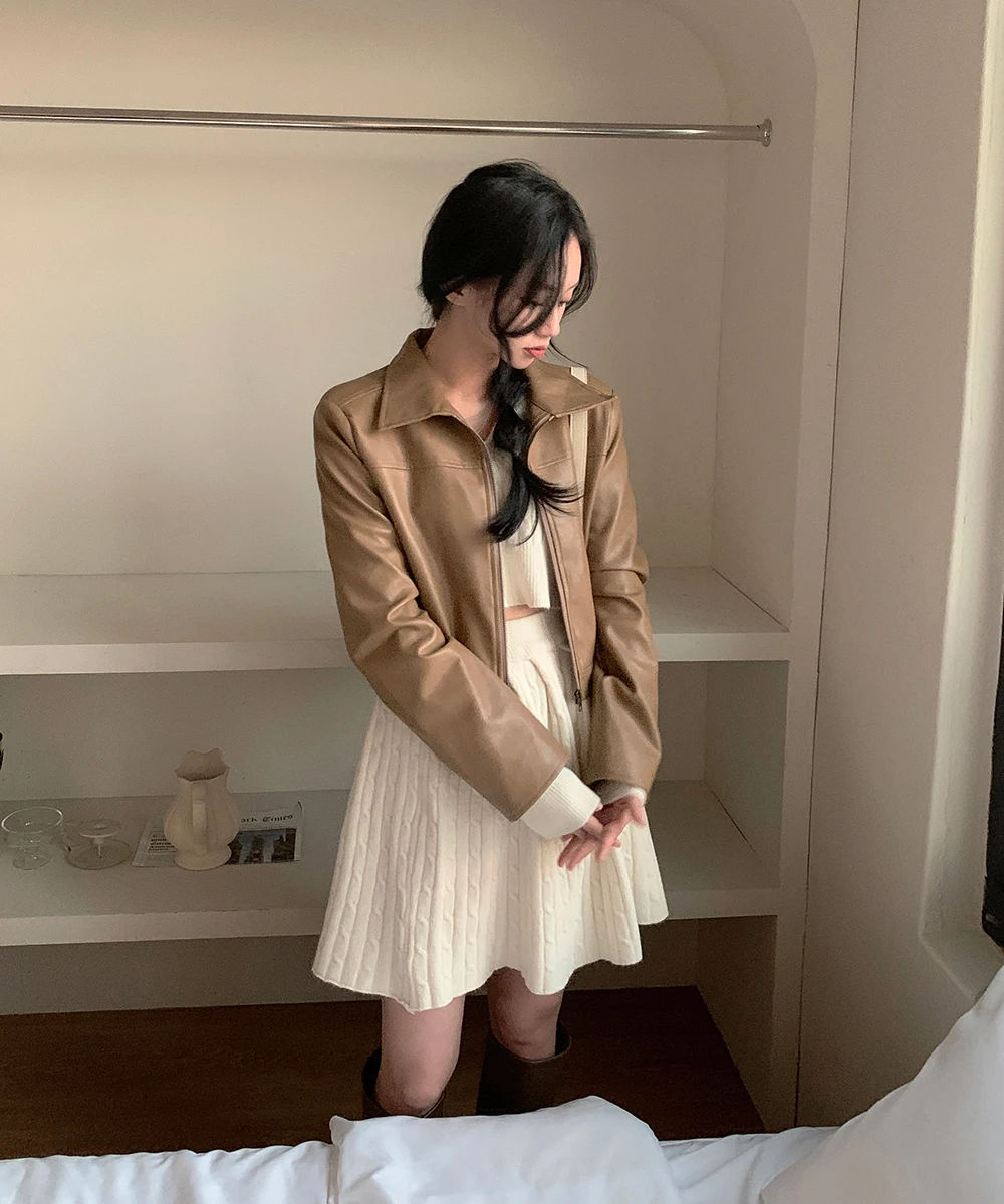 Korean Fashion Two-piece Set Women Pullover Turn-down Collar Crop Top Mini Skirt Solid Casual Suit Autumn New Knitwear Outfits