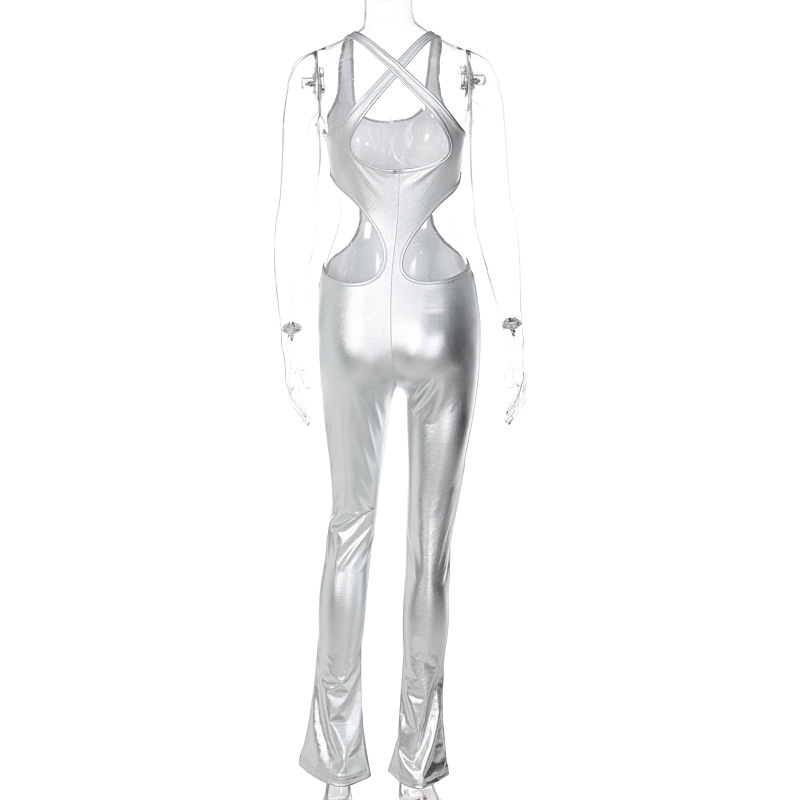 Metallic Coated Fabric Women Clothing Winter Solid Color Faux Leather Sexy Cutout Backless Slim Fit Sling Jumpsuit