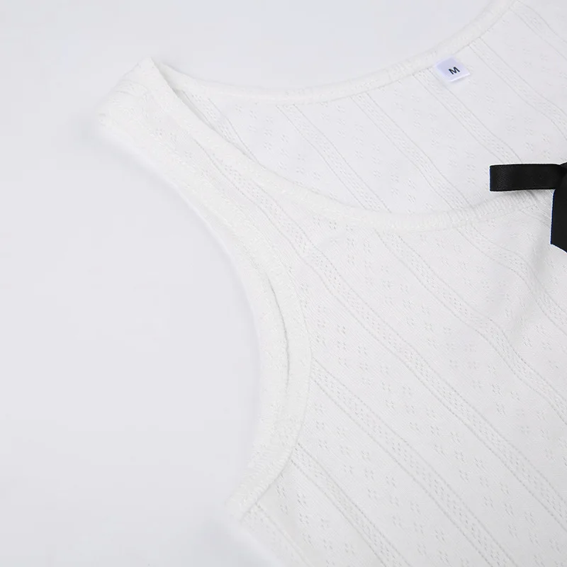 Lace Bow Splice Tank Top Women Sexy Hollow Out Slim Sleeveless Shirts Hot Girls Bodycon Fashion Crop Tops Woman Clothing