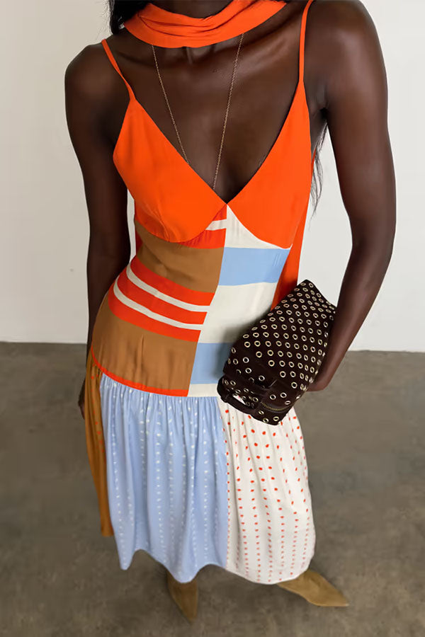Vibrant Touch Color-blocked Polka Dot Print Slip Pleated Hem Maxi Dress