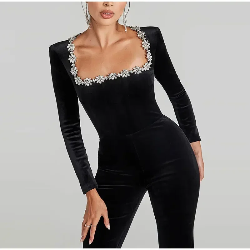 Black Beaded Velvet Jumpsuits For Women One Piece Long Sleeve Square Collar Full Length Jumpsuit Christmas Evening Party Gown