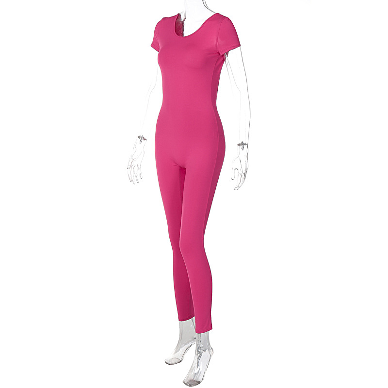 Summer Women Clothing Solid Color Short Sleeve Backless Slim Fit Hip Lifting Sport Fitness Jumpsuit Women