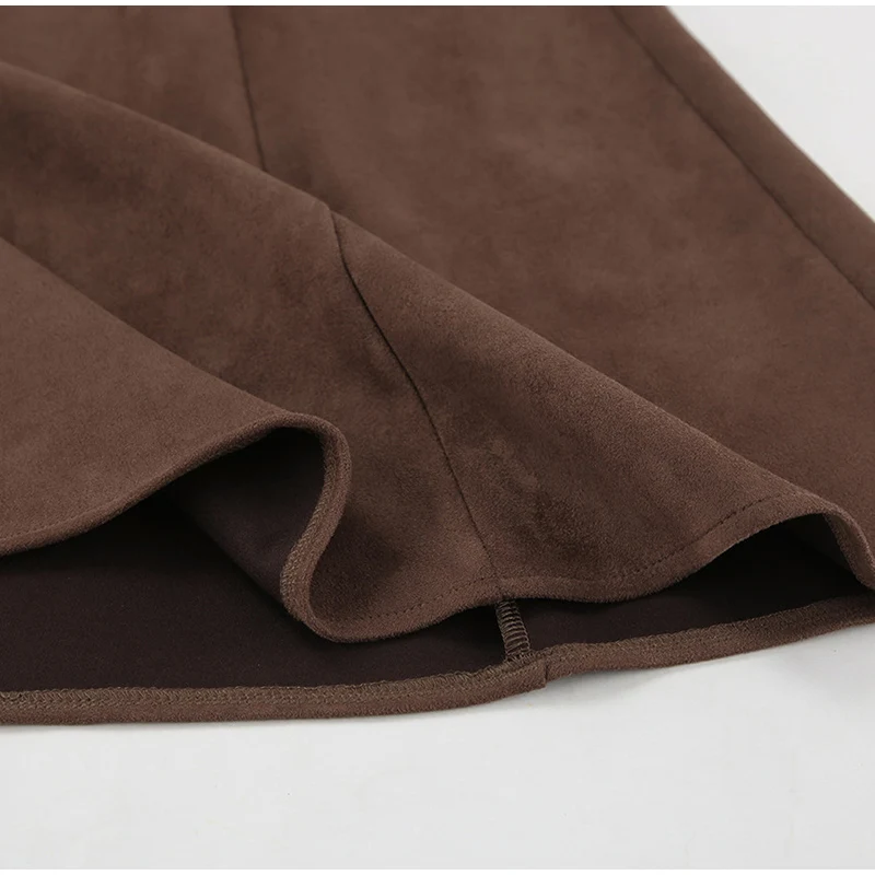 Vintage Suede Brown Skirts Women Fashion Pleated Slim Zipper Office Lady Skirts Elegant Female High Waist Party Wear New