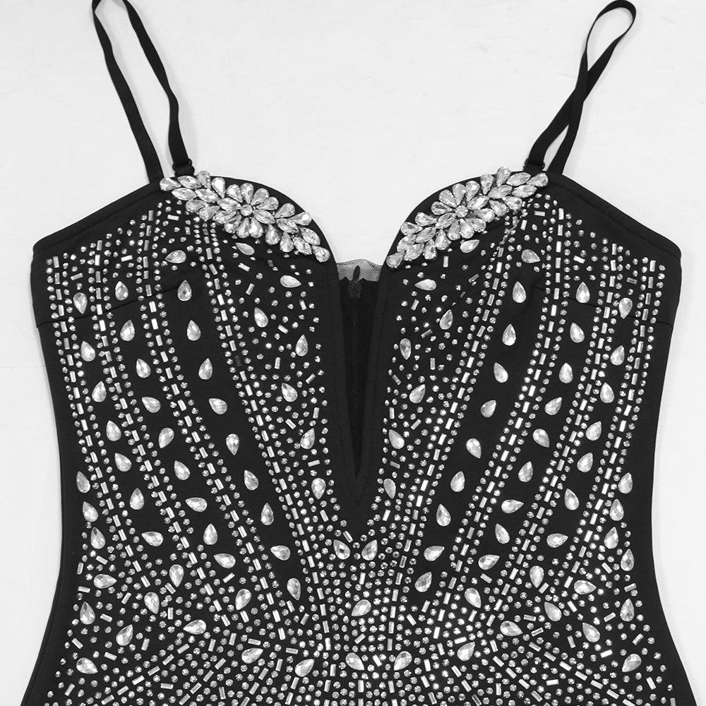 Suspenders Rhinestone Chain Terms Sexy Irregular Asymmetric Dress Women