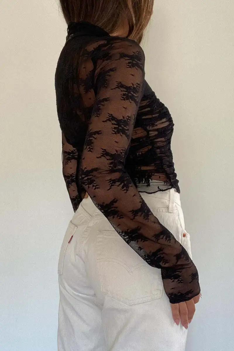 See-Through Lace Mesh T-shirt For Women Long Sleeve Printed Fashion Sexy Summer Contrast Pullover Female Slim Tee Top