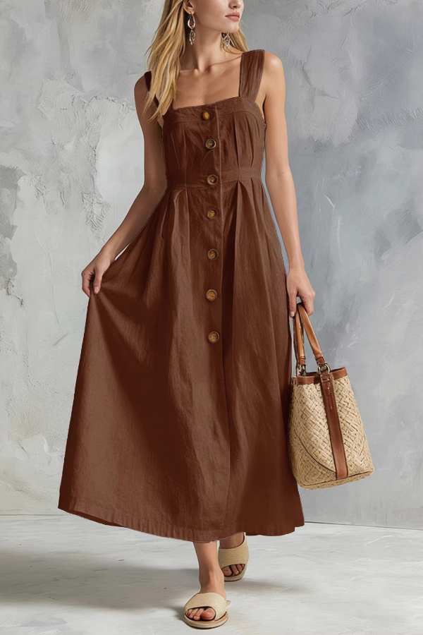Linen Blend Solid Color Square Neck Sleeveless Button Casual Maxi Dress