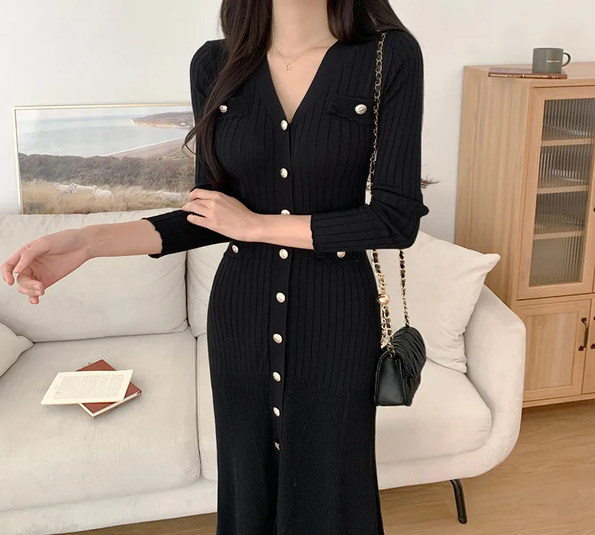 Korean Chic Knitted Dresses for Women V-neck Long Sleeve Slim Bodycon Ruffles Party Dress Casual Autumn Winter New Vestidos