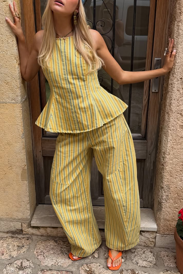 City Outfit Striped Peplum Hem Top and Elastic Waist Pocket Wide Leg Pants Set