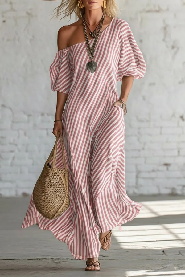 Fashionable Striped Print Slash Neck Puff Sleeve Casual Maxi Dress